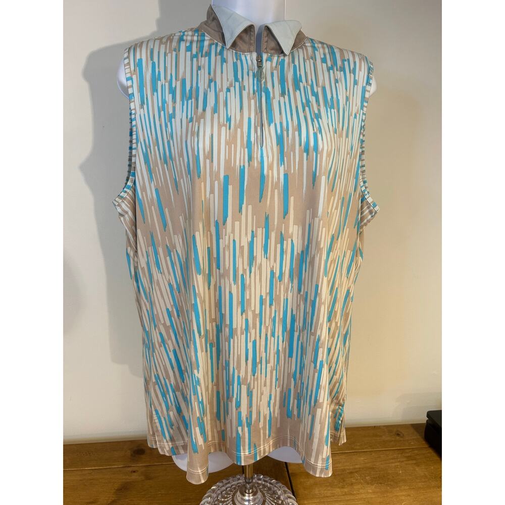 Jamie Sadock Sz XL Sleeveless Golf Top Blue Tan Abstract Quarter-Zip Pickleball